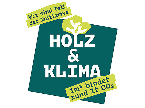 Grafik mit dem Text "HOLZ RETTET KLIMA". Darunter steht "1m³ bindet 1t CO₂". Die Farben sind grün und weiß. Die Botschaft betont, dass Holz eine wichtige Rolle im Klimaschutz spielt.