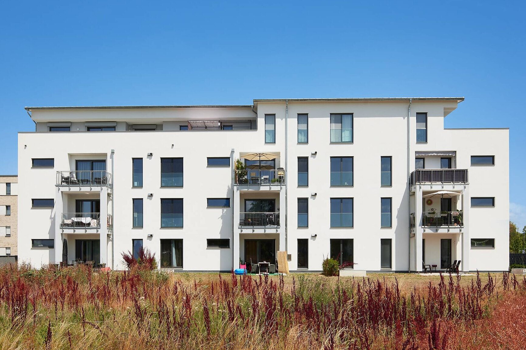 Mehrfamilienhaus in ökologischer Holzbauweise Ein modernes, mehrstöckiges Wohngebäude mit weißen Wänden und großen Fenstern. Es gibt Balkone, auf denen Möbel stehen. Im Vordergrund wachsen grüne und rote Pflanzen in einem offenen Bereich. Der Himmel ist klar und blau.